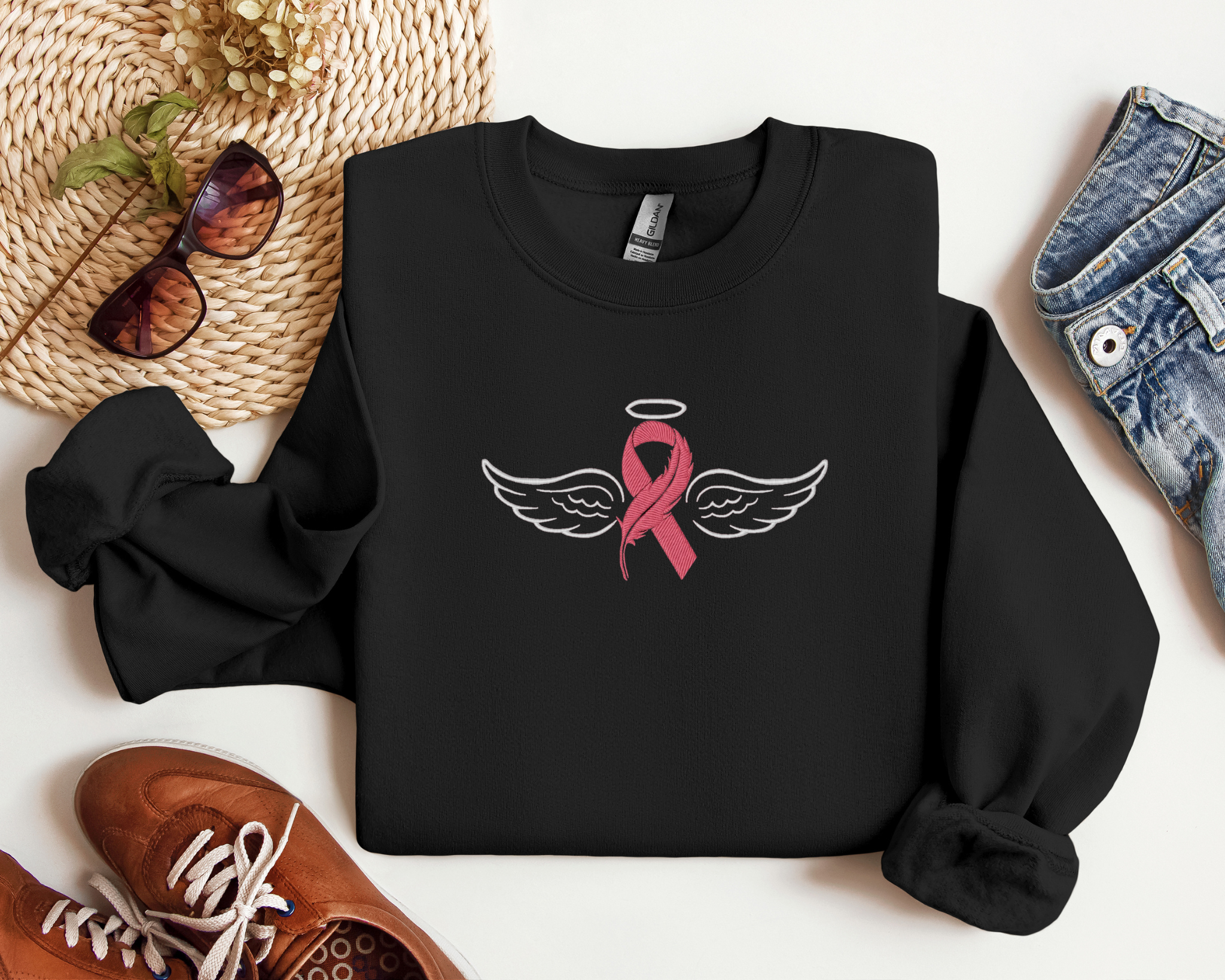 Embroidered Pink Cancer Ribbon Sweatshirt