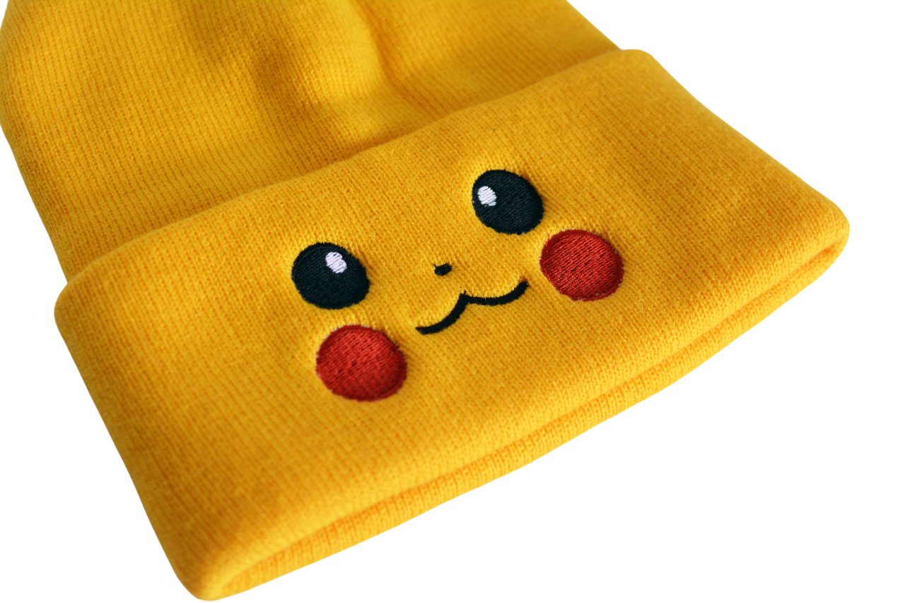 Pikachu Face Embroidered Yellow Beanie Hat