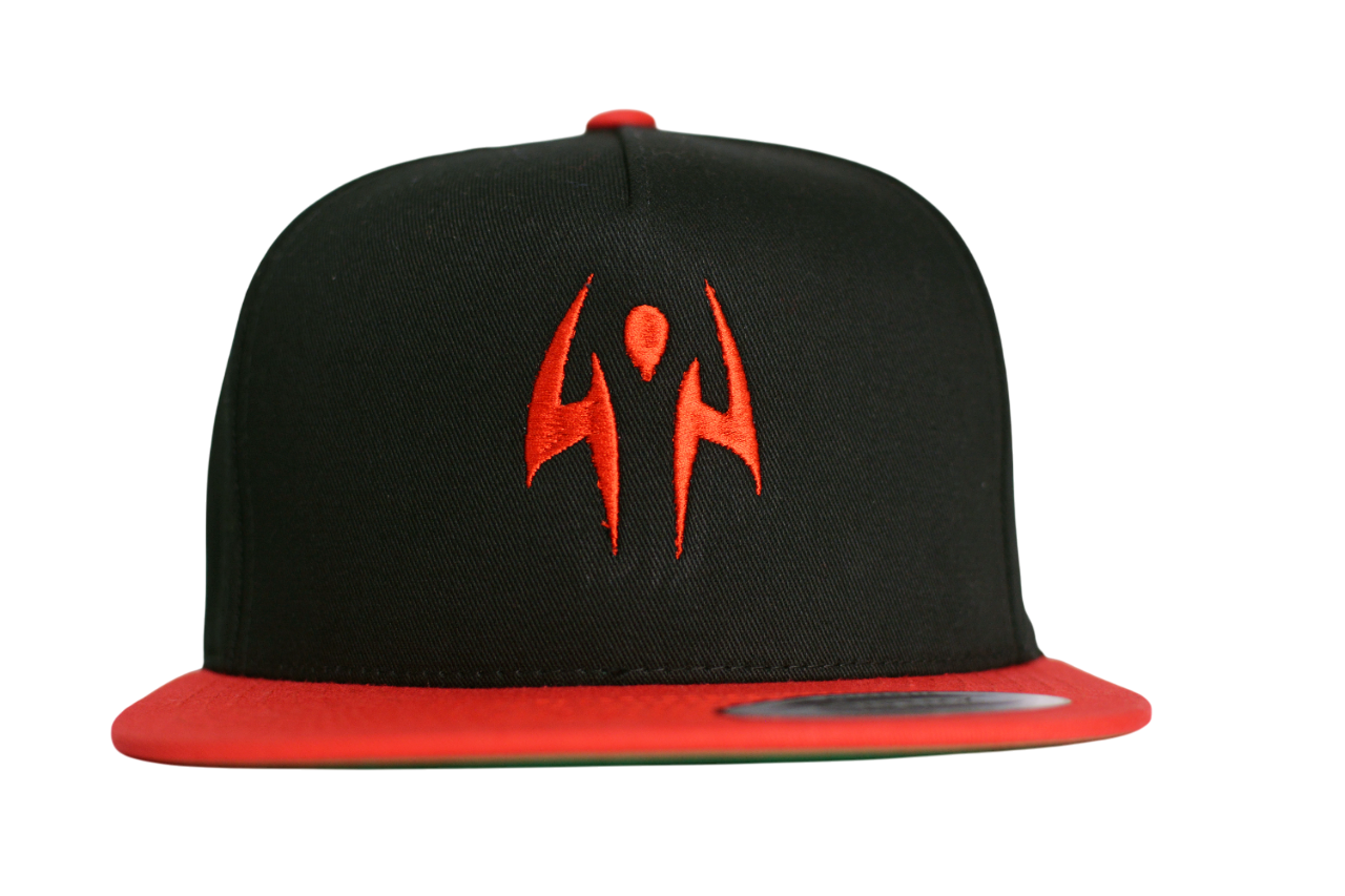 Black and red snapback hat with embroidered Sukuna-inspired tattoo symbol