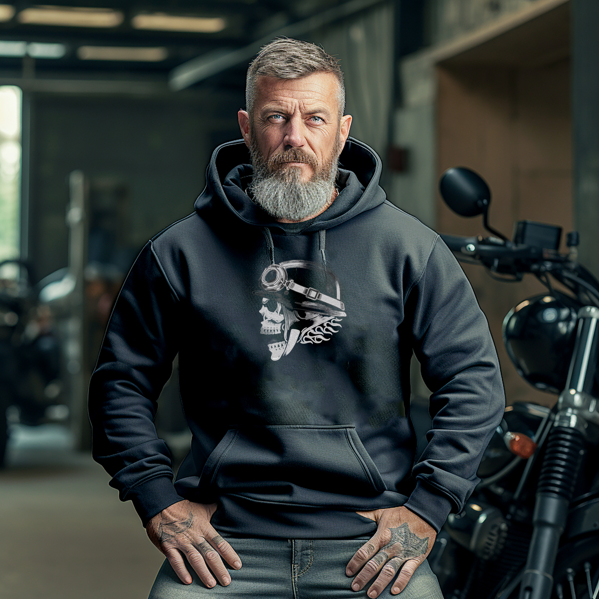 Embroidered Motorcycle Helmet Design Hoodie